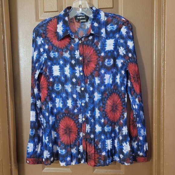 ❤️DESIGUAL Blue red mandala tie dyed pleated long sleeve blouse - Picture 1 of 6